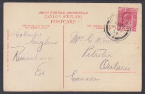 Ceylon Sc 198 on 1909 PPC to Canada, Bullock Hackert & Ginricksha, nearly VF