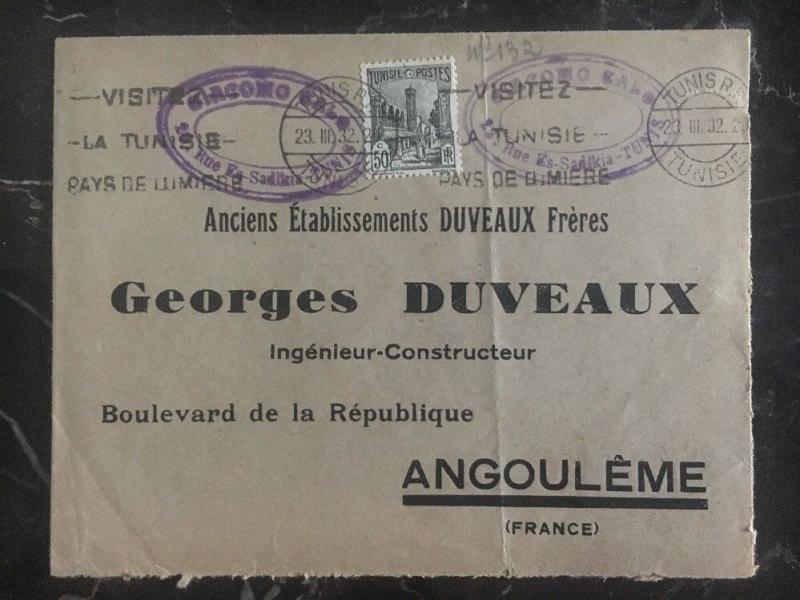 1932 Tunis Tunisia Commercial Cover Printed Matter to Angouleme France