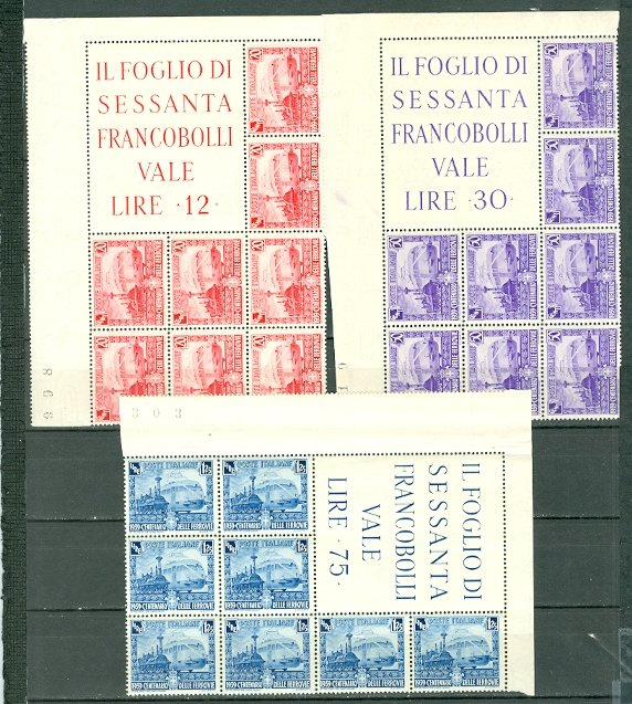 ITALY 1939 LOCOMOTIVES #410-412...SET UL CORNER BLKS WITH IMPRINTS...MNH $128.