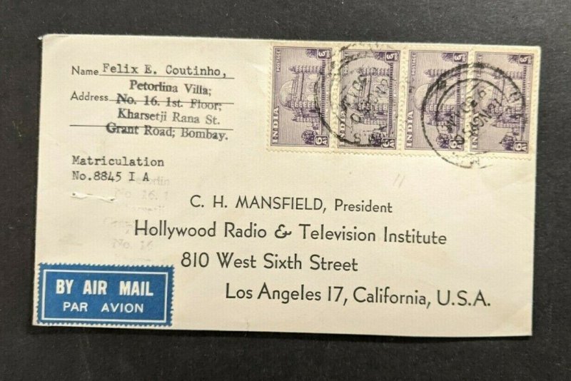 1950 Bombay India Airmail Cover to Los Angeles CA USA