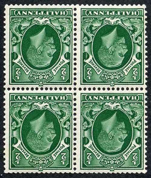 SG439Wi 1/2d Green Photogravure Wmk INVERTED Block of Four 3 x U/M