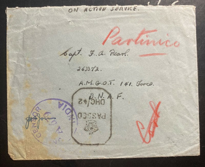 1943 India British Field Post Office OAS Censored  Cover To AMGOT Forces