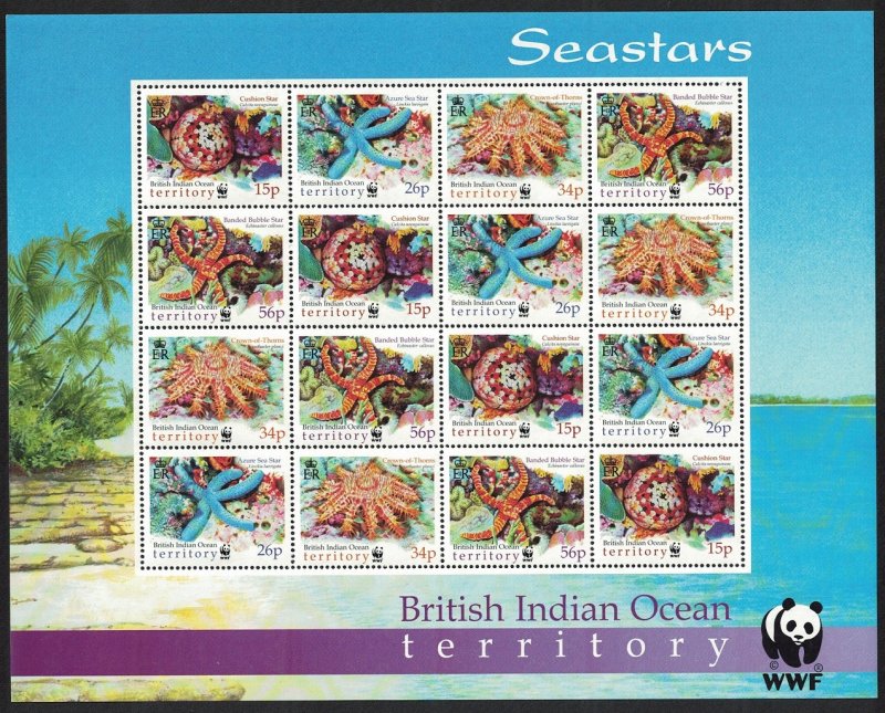 BIOT WWF Sea Stars 4v Sheetlet of 4 sets 2001 MNH SC#231-234 SG#253-256