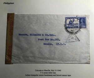 1940 Calcutta India Censored Commercial Cover To Manila Philippines Island