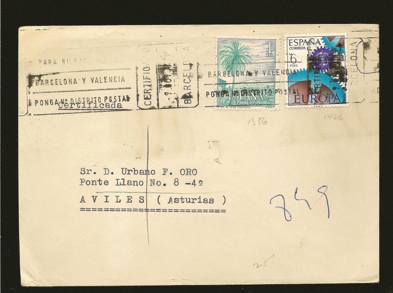 Spain Postmark Barcelona 1974 Multi-stamp Certified Cover Used