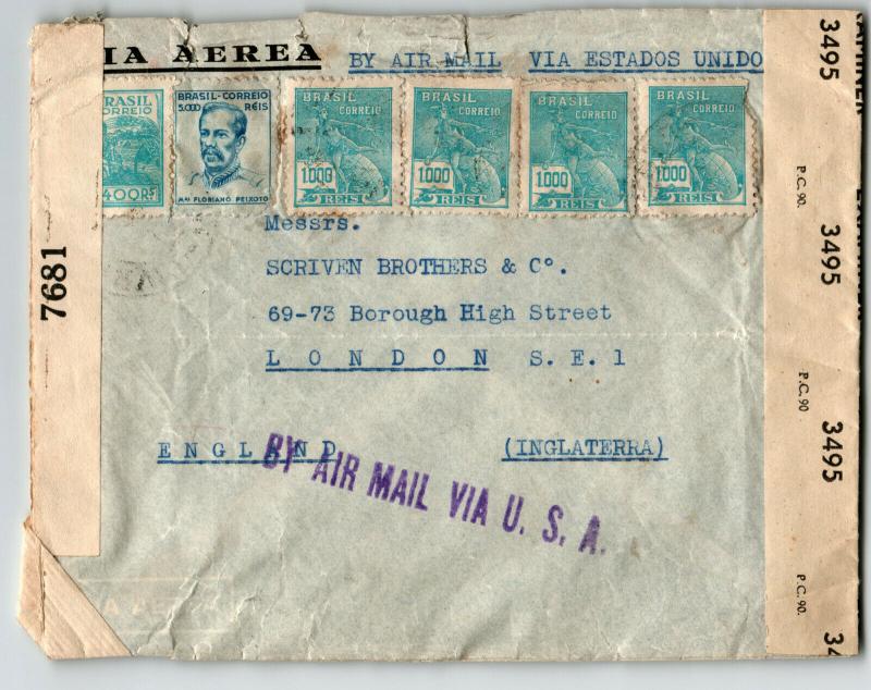 Brazil 1943 Dual Censor Cover to UK / Via US Airmail / Sm Top Tears - Z13654