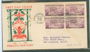 US 783 1936 3c Oregon territory centennial (block of four) on an addressed (typed) fdc with a cachet from an unknown publisher.