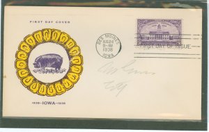 US 838 1938 3c iowa territory centennial on an addressed fdc with a fidelity cachet
