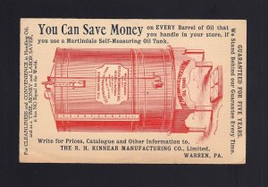 ADVERTISING POSTAL CARD: UX12 Warren, PA 1898 SELF MEASURING OIL TANK 