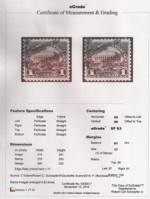 571 1 Dollar Lincoln Memorial Stamp used EGRADED XF 93 XXF