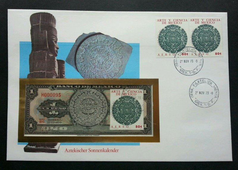 Mexico Art And Science Aztec Calendar 1973 FDC (stamp on banknote cover) *Rare