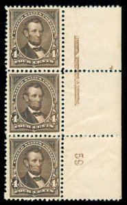 MOMEN: US STAMPS #254 MINT OG NH PLATE IMPRINT STRIP VF