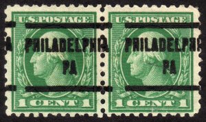 1916, US 1c, Washington, Used pair, Philadelphia precancel, Sc 462