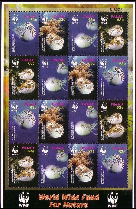 Palau WWF Chambered Nautilus Sheetlet of 4 sets SG#2153-2156 SC#853 a-d