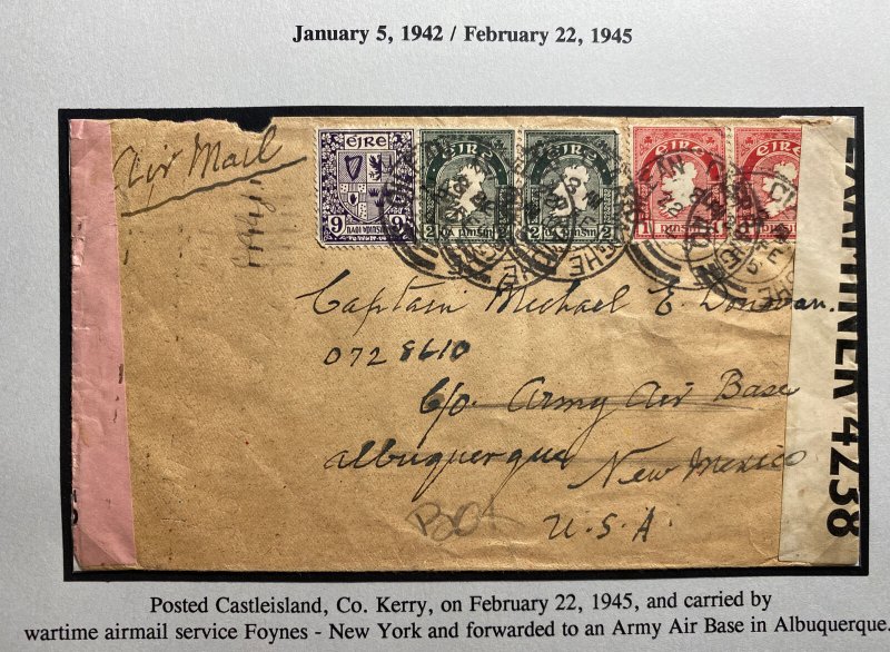 1945 Castleisland Ireland Dual Censored Airmail Cover To Albuquerque NM USA