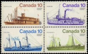 Canada #703a, Complete Set, Block of 4, 1977, Ships, Never Hinged