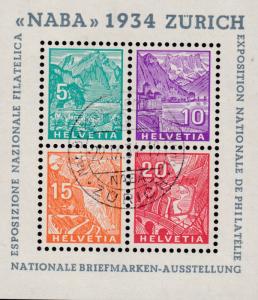 Switzerland 1934 NABA Zurich Souvenir Sheet with First Day of Issue Cancel XF