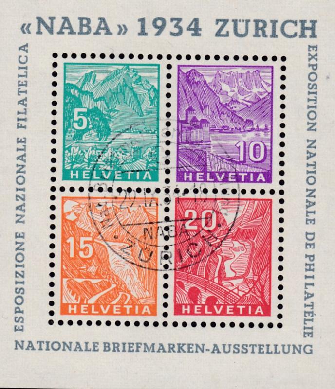 Switzerland 1934 NABA Zurich Souvenir Sheet with First Day of Issue Cancel XF