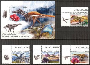 Angola 2018 Dinosaurs Minerals Set of 4 + S/S MNH