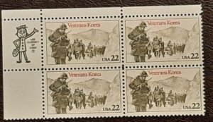 US Scott # 2152; 22c Veterans Korea  from 1985; MNH, og; zip block of 4; VF;