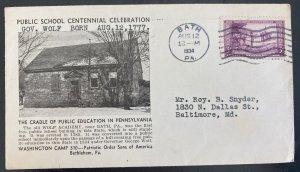 1934 Bath PA Usa Public School centenary celebration Cover to Baltimore