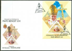 TOGO 2013  HOMMAGE TO POPE BENEDICT XVI  SOUVENIR  SHEET FIRST DAY COVER