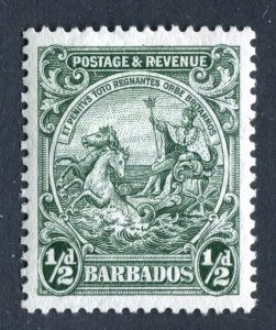 Barbados 1925. 1/2d green. Mint. LH. P13.5 x 12.5. SG230a.