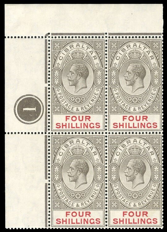 Gibraltar 1921 KGV 4s black & carmine PLATE 1 block of four MNH. SG 100.