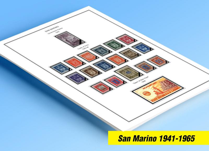 COLOR PRINTED SAN MARINO 1941-1965 STAMP ALBUM PAGES (40 illustrated pages)