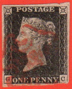 GBR SC #1 U (G,C) 1840 Queen Victoria w/red MC 4-margins CV $390.00