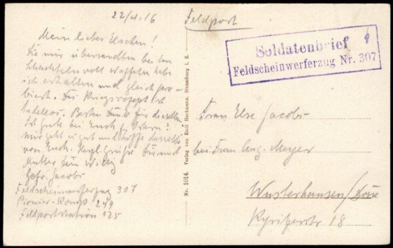 Germany WWI Feldscheinwerferzug 307 Floodlight Grosse Donen Used Feldpost G68348