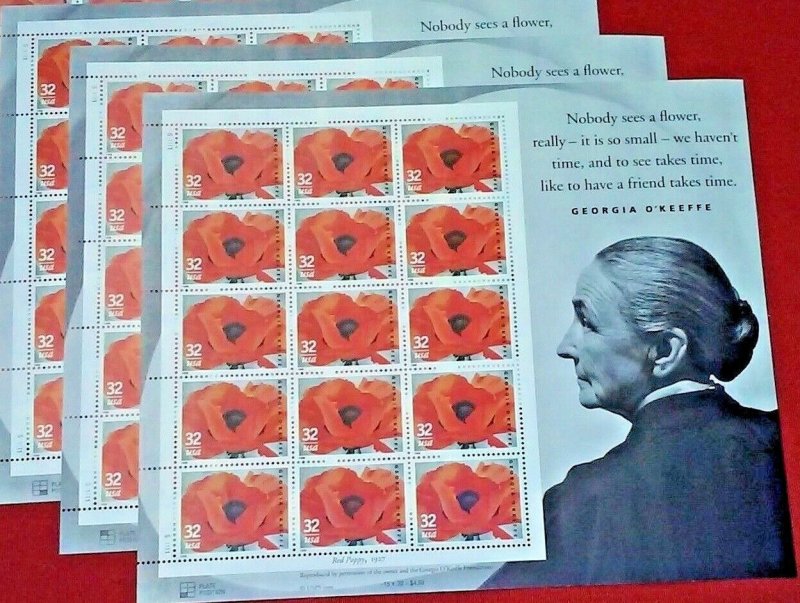 Three Souvenir Sheets x 15 = 45 of GEORGIA O'KEEFFE 32¢ US Postage Stam...