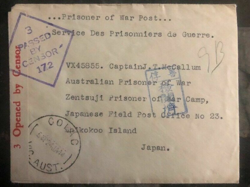 1944 Colac Australia To Zentsuji Camp Japan POW Prisoner JT McCallum Cover