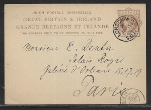 Great Britain Postal Stationery Postcard H&G 9 Used 1882 to Paris (z2)