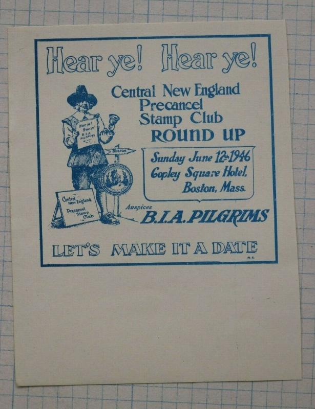 New England Precancel Club Round-up imperf Stamp ad BIA Pilgrims Boston 1946 DM