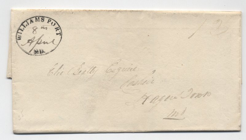 1835 Williamsport MD black oval stampless folded letter 12 rate [H.2191]