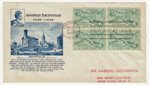 USA First Day Cover #  984 - Annapolis, MD Tricentenary - Annapolis Block