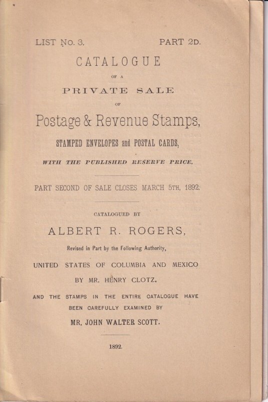 Vintage 1892 Auction Catalog, Albert Rogers, Reviewed by J Walter Scott, no P/R