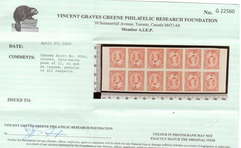 Canada #90bc XF Mint Tete Beche Imperf Pane Of 12 **With Certificate**