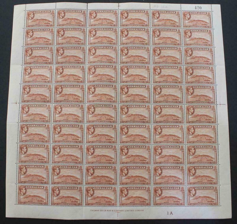 Gibraltar KGVI 1d Brown Perf 13.5 wmk Upright COMPLETE SHEET RARE cat 1740