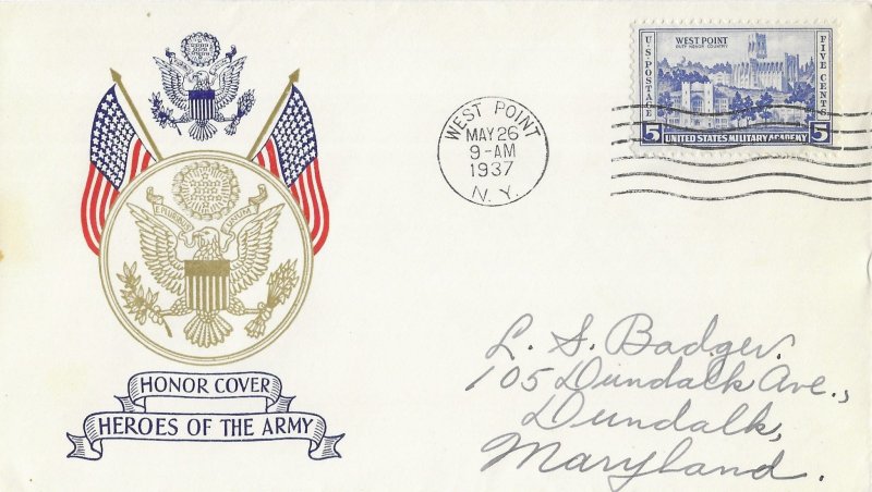 1937 FDC, #789, 5c Army Heroes, Plimpton P-38