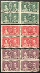 1937, George VI Coronation issue, New Foundland, 3 Blocks of 4, MNH, VF