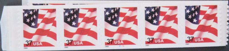 3633A 37c Flag, Type of 2002, dated 2003, PNC Strip of 5