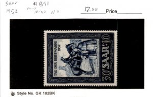 Saar -Germany, Postage Stamp, #B91 Mint NH, 1952 Postrider Horse (AC)