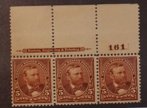 Scott 255 - 5 Cents Grant - Imprint Strip Of 3 - Imprint IV - MNH - SCV - $1200