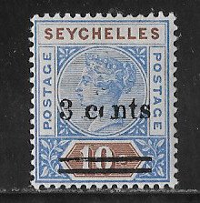 Seychelles Sc #29 3 cents over 10c missing / broken 'e' variety