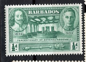 BARBADOS; 1939 early GVI Tercentenary issue Mint hinged 1/2d. value