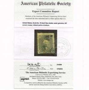 GENUINE SCOTT #78 USED 1862 LILAC APS CERT SCV $375 - ESTATE CLOSE OUT