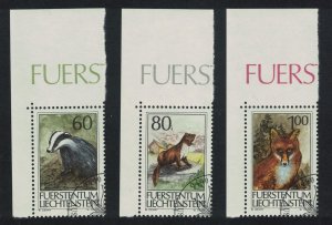 Liechtenstein Fox Badger Marten Wild animals 3v Corners 1993 CTO