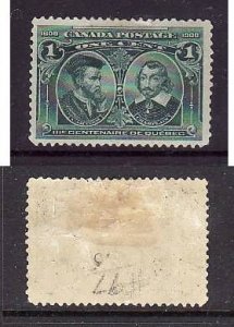 Canada-Sc#97-Unused 1c green-Quebec Tercentenary-og-heavy hinge-1908-Cdn242-